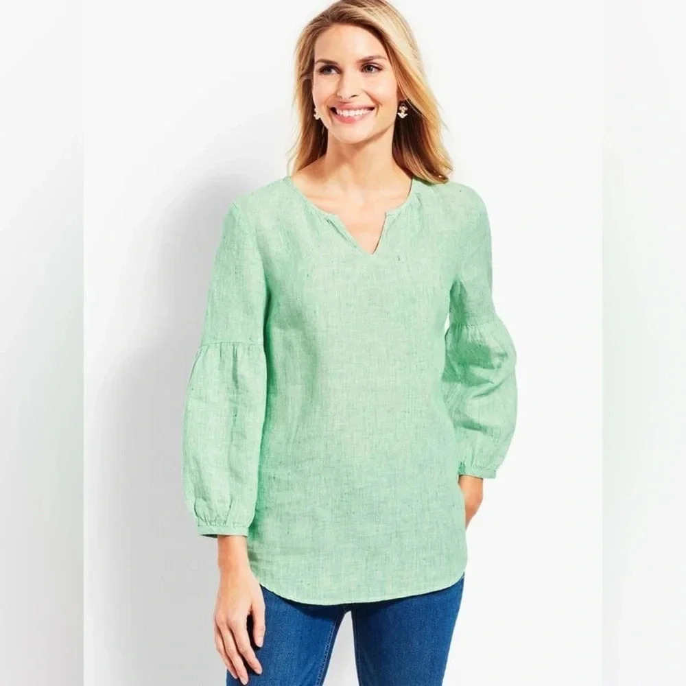 TALBOTS LINEN LANTERN-SLEEVE POPOVER SHIRT - STRIPE XL Petite (k11)